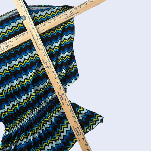 Elizabeth chevron zigzag top blue/green peplum waist sleeveless L - Picture 3 of 4